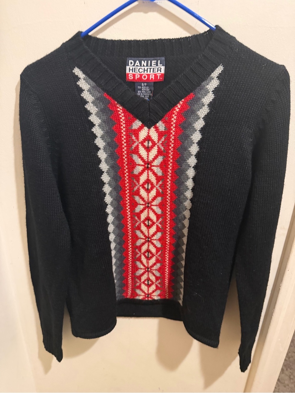 Vintage Daniel Hechter Sport Men's Black V-Neck Sweater with Red Fair Isle Panel